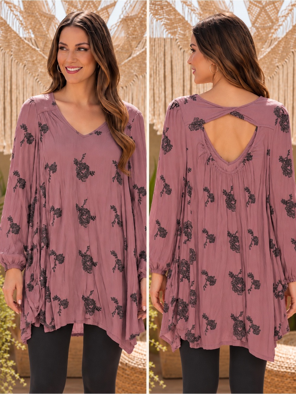 Free People Dusty Mauve Floral V-Neck Tunic with Back Cutout Oversized Small